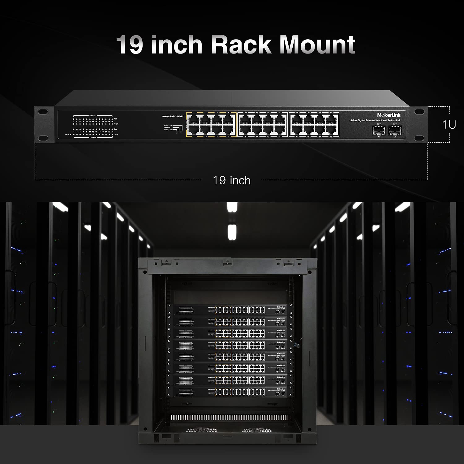 MokerLink 26 Port Gigabit PoE Switch with 24 PoE+ Ports and 2 SFP Uplink Fanless Rackmount Unmanaged Ethernet Switch 300W - View 7 of 7