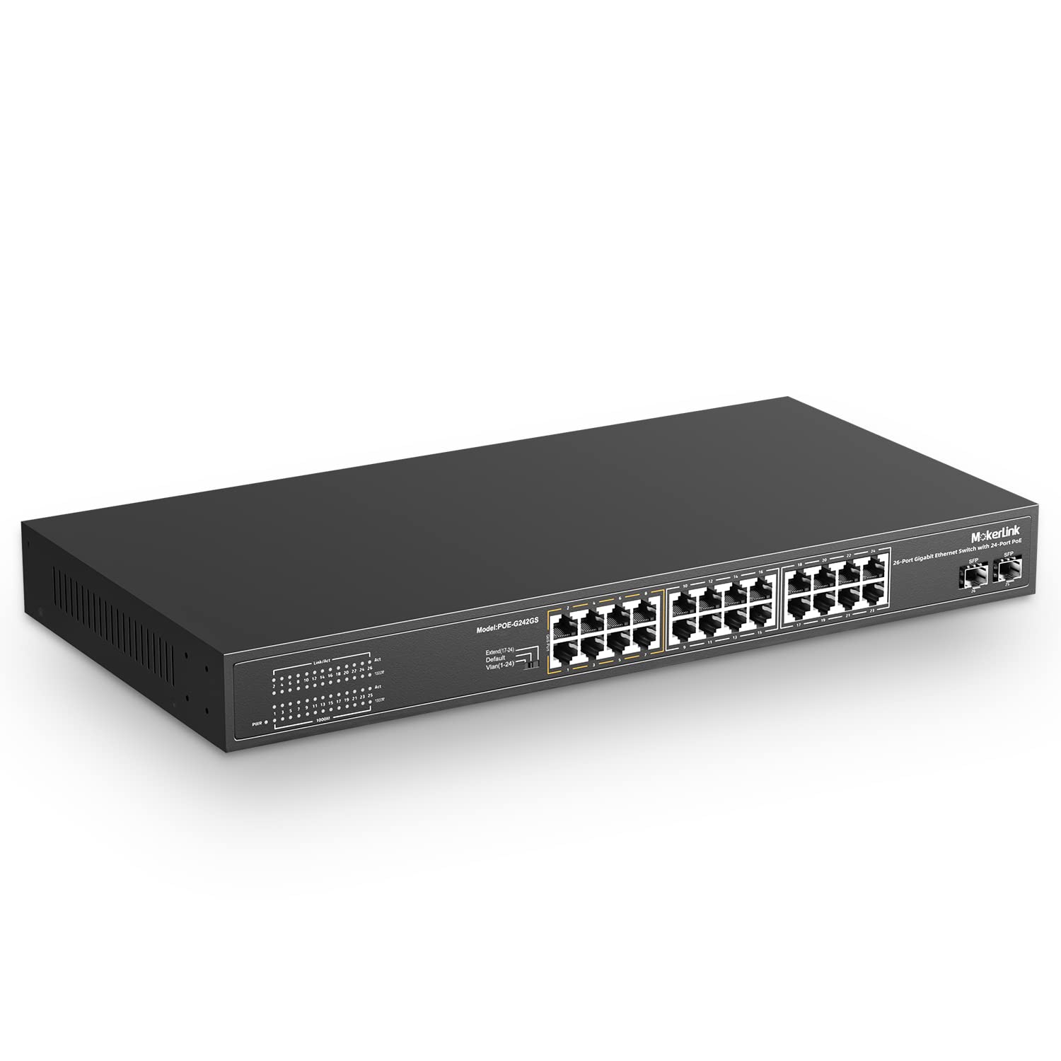 MokerLink 26 Port Gigabit PoE Switch with 24 PoE+ Ports and 2 SFP Uplink Fanless Rackmount Unmanaged Ethernet Switch 300W