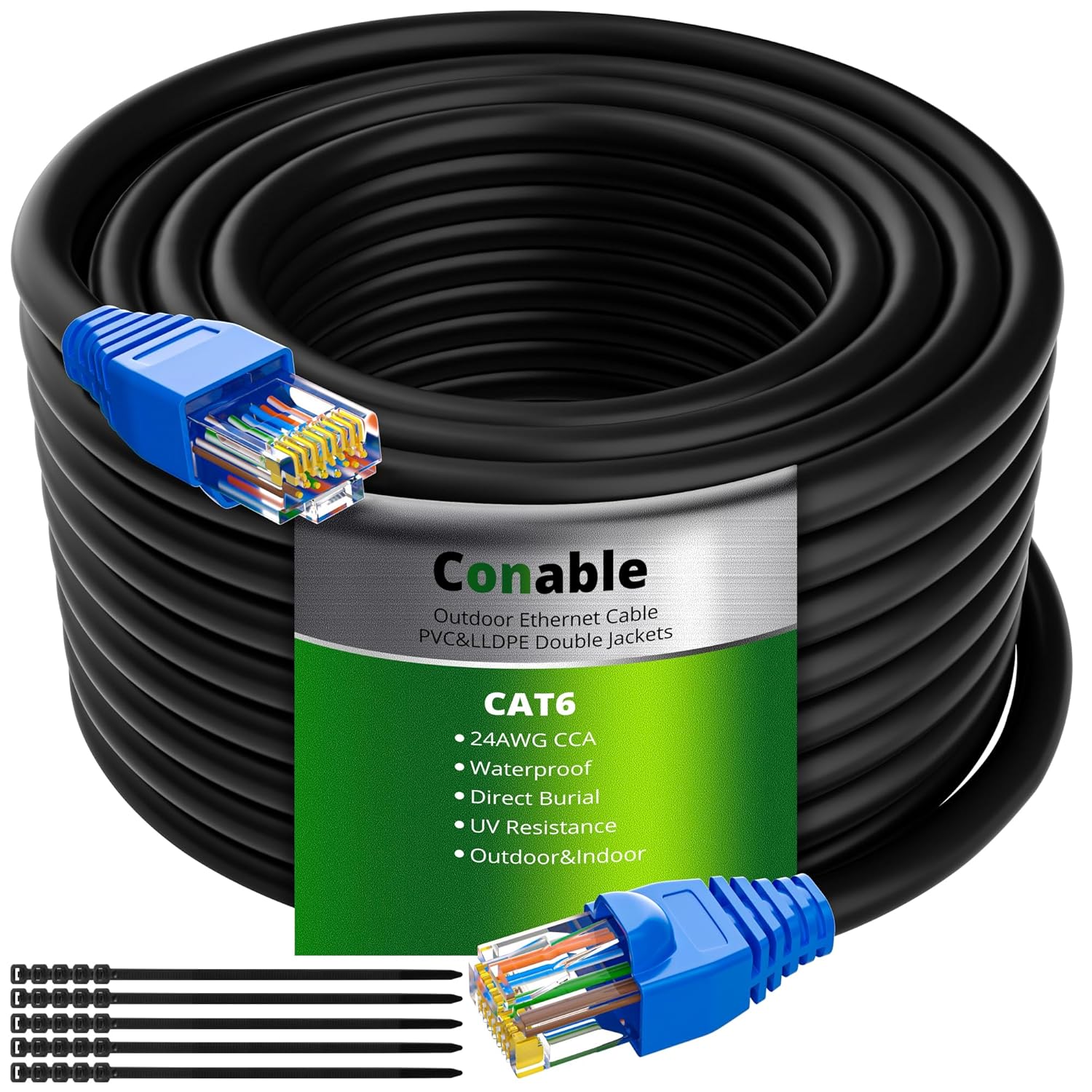 Conable Cat6 Outdoor Ethernet Cable 75ft Heavy Duty Waterproof Direct Burial Internet Cord Supports PoE Cat6 Cat5e with 25 Ties