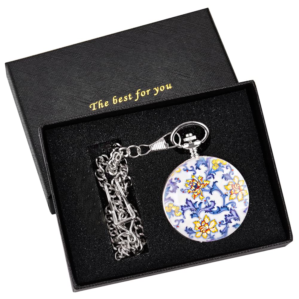 Whodoit Whodoit Unique Blue and White Porcelain Flower Mechanical Pocket Watch with Roman Numerals - View 2 of 8