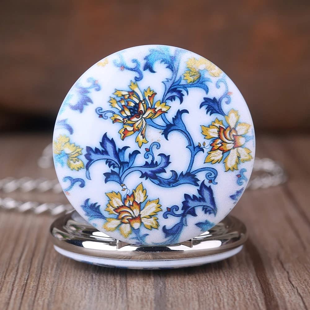 Whodoit Whodoit Unique Blue and White Porcelain Flower Mechanical Pocket Watch with Roman Numerals - View 3 of 8