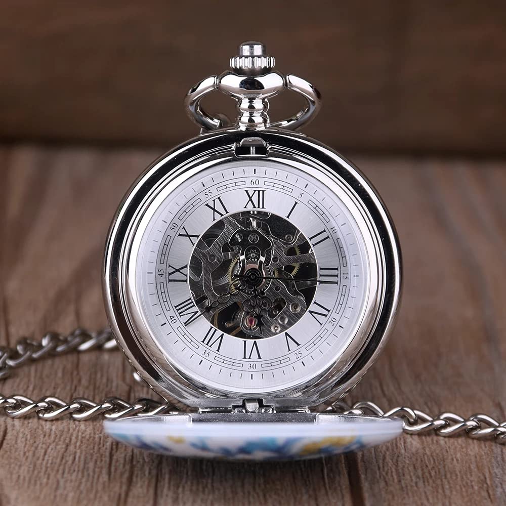 Whodoit Whodoit Unique Blue and White Porcelain Flower Mechanical Pocket Watch with Roman Numerals - View 4 of 8