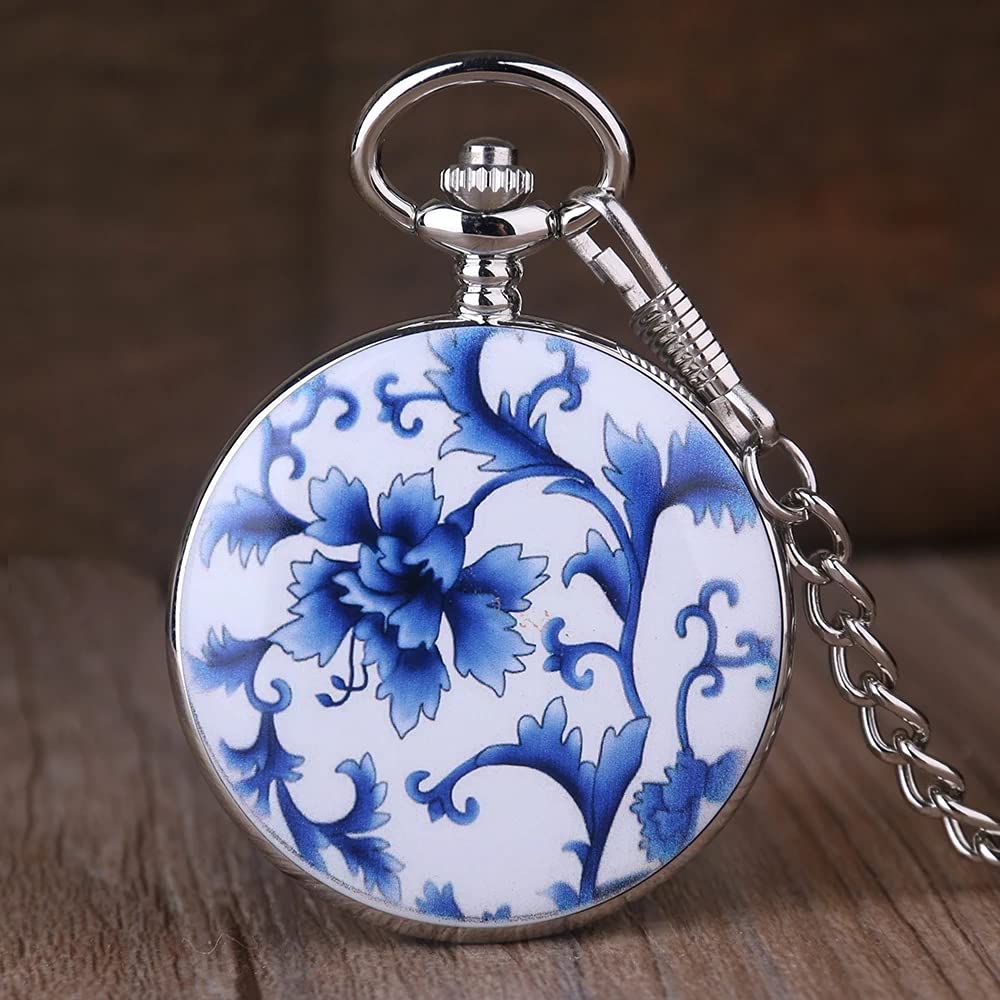 Whodoit Whodoit Unique Blue and White Porcelain Flower Mechanical Pocket Watch with Roman Numerals - View 5 of 8