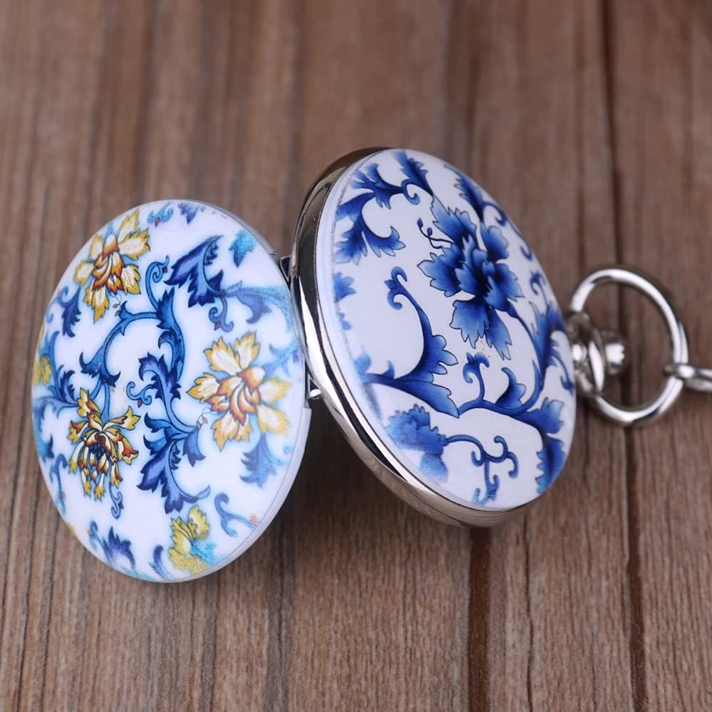 Whodoit Whodoit Unique Blue and White Porcelain Flower Mechanical Pocket Watch with Roman Numerals - View 6 of 8