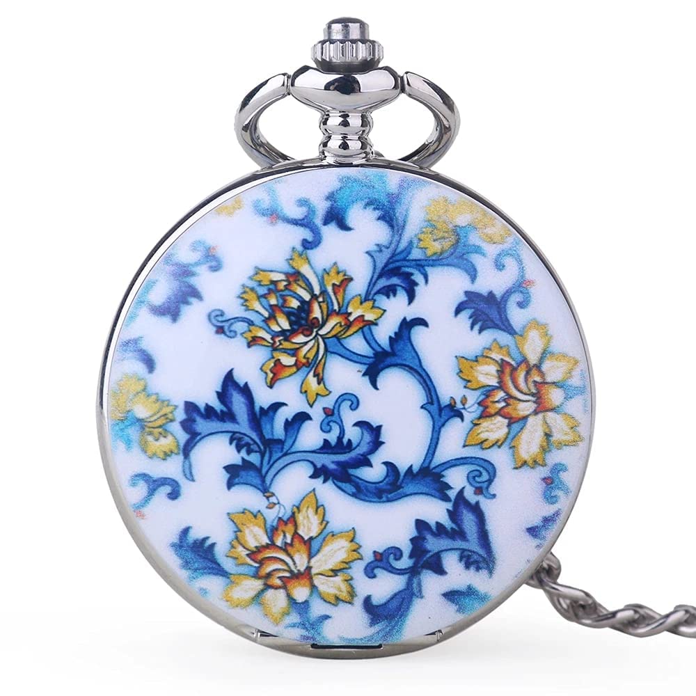 Whodoit Whodoit Unique Blue and White Porcelain Flower Mechanical Pocket Watch with Roman Numerals - View 8 of 8