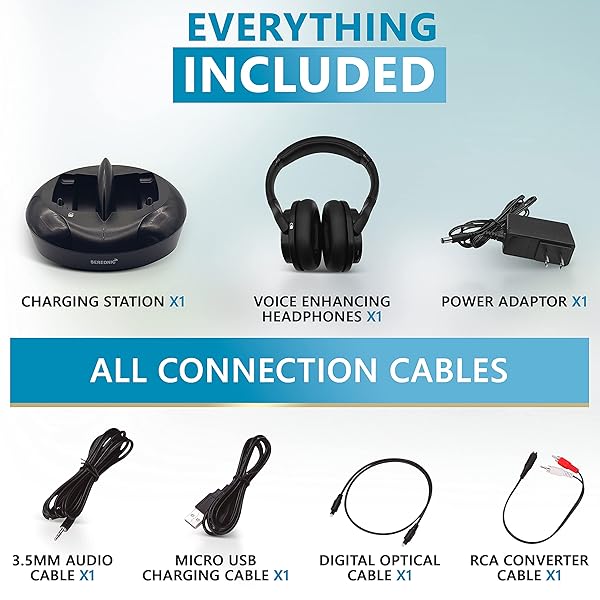 SEREONIC SEREONIC WH100 Wireless TV Headphones with UHF RF Transmitter Charging Dock Up to 150ft Range - No Audio Delay - Analog and Digital Optical System - Ideal for TV Watching Without The Blaring Volume - View 6 of 9