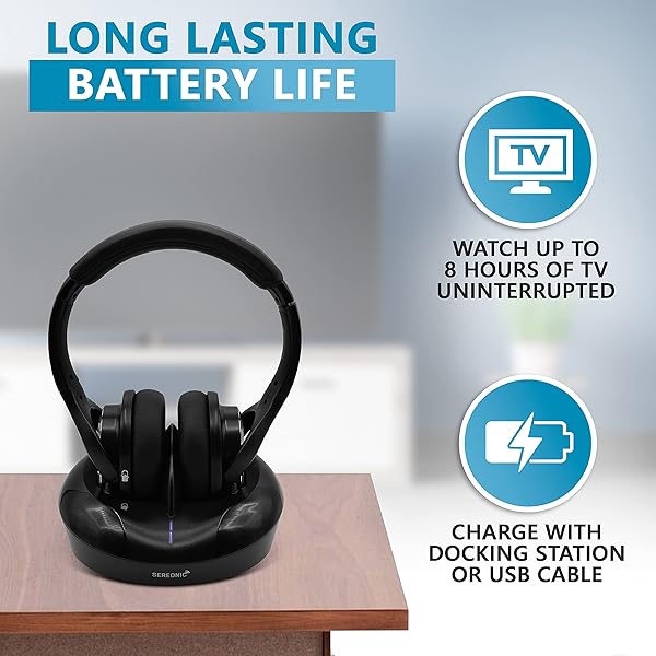SEREONIC SEREONIC WH100 Wireless TV Headphones with UHF RF Transmitter Charging Dock Up to 150ft Range - No Audio Delay - Analog and Digital Optical System - Ideal for TV Watching Without The Blaring Volume - View 7 of 9