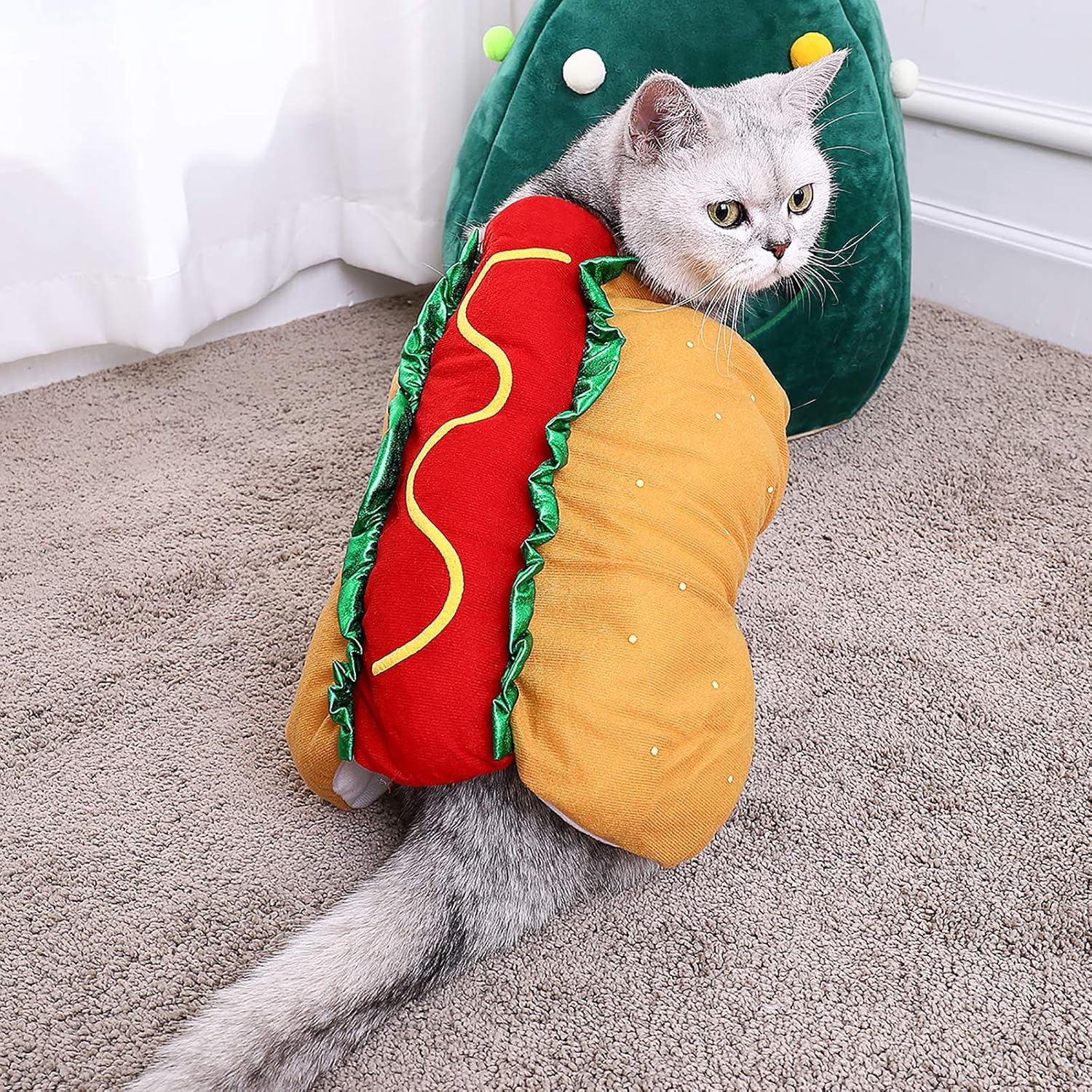 POPETPOP Funny Hot Dog Design Pet Costumes for Dogs and Cats Halloween Apparel Warm Hoodie Cosplay Outfit for Medium and Small Pets - View 6 of 9