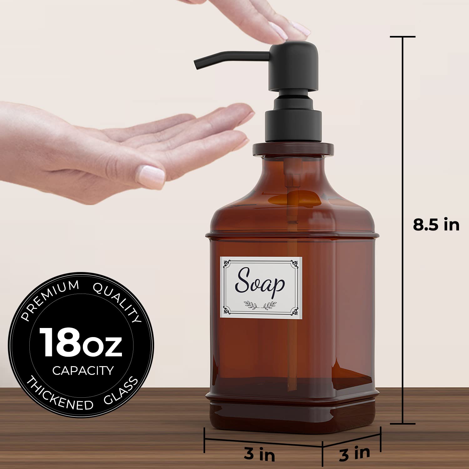 GLADPURE Soap Dispenser 2 Pack Antique Design Thick Amber Glass Bottles with Rust Proof Stainless Steel Pump for Soap and Lotion - View 3 of 7