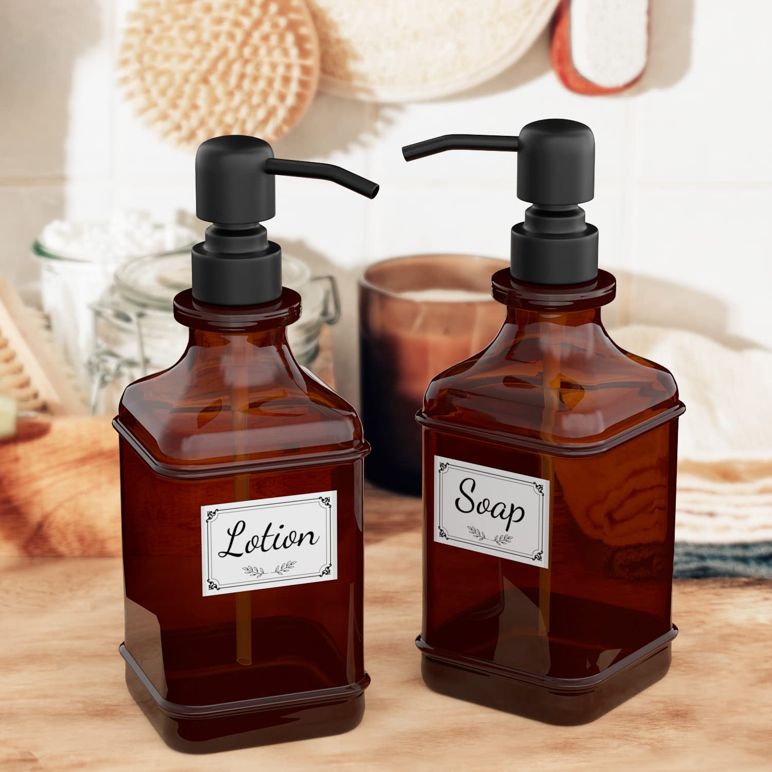 GLADPURE Soap Dispenser 2 Pack Antique Design Thick Amber Glass Bottles with Rust Proof Stainless Steel Pump for Soap and Lotion - View 6 of 7