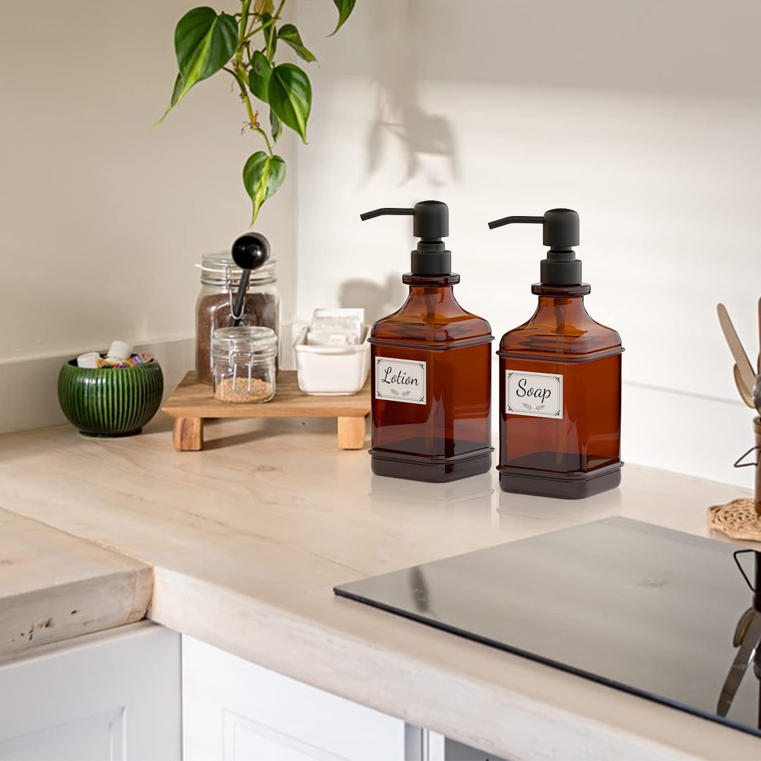 GLADPURE Soap Dispenser 2 Pack Antique Design Thick Amber Glass Bottles with Rust Proof Stainless Steel Pump for Soap and Lotion - View 7 of 7