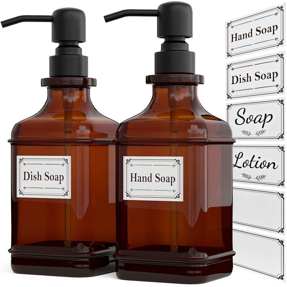 GLADPURE Soap Dispenser 2 Pack Antique Design Thick Amber Glass Bottles with Rust Proof Stainless Steel Pump for Soap and Lotion