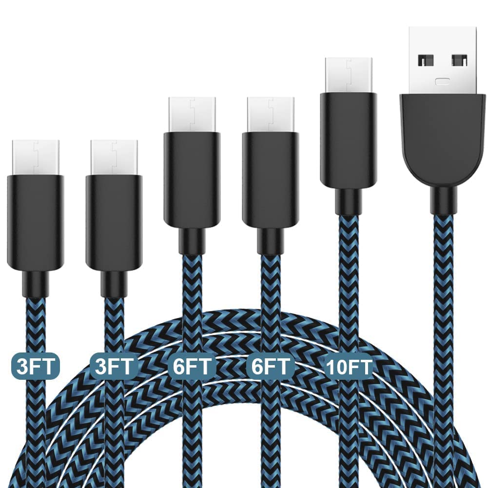 5Pack Fast Charging 3A USB-C to USB-A Cable 3 to 10FT Quick Charger Compatible with Samsung Galaxy S10 S9 S8 Plus Note 10 9 8 LG V50 V40 G8 G7 Blue