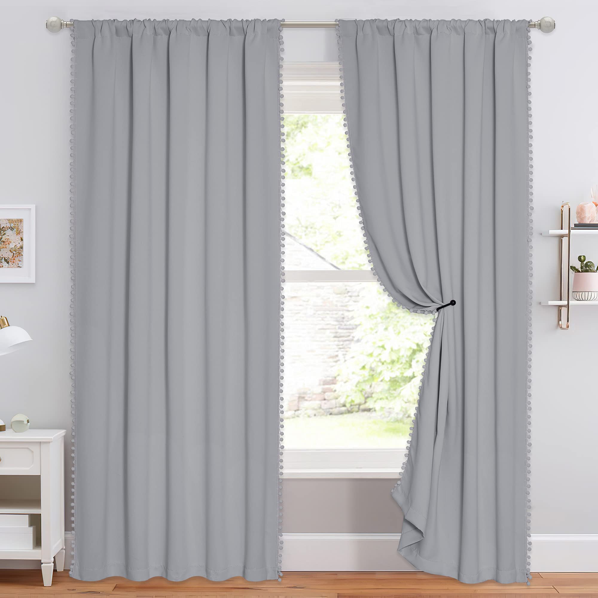 StangH 84 Inch Grey Pom Pom Curtains Room Darkening Chill Resistant Drapes for Bedroom Nursery Living Room Silver Grey 2 Panels - View 2 of 8