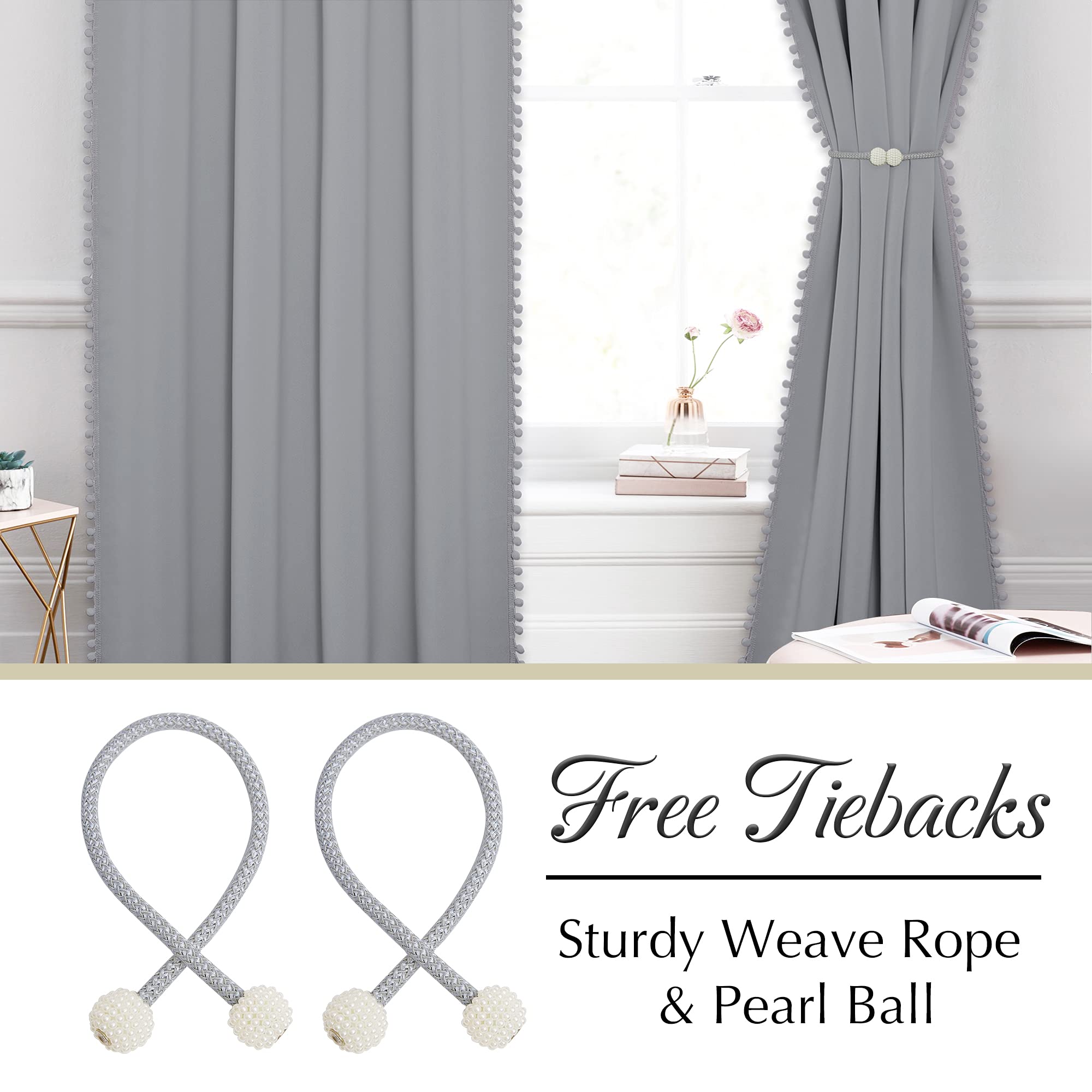 StangH 84 Inch Grey Pom Pom Curtains Room Darkening Chill Resistant Drapes for Bedroom Nursery Living Room Silver Grey 2 Panels - View 3 of 8