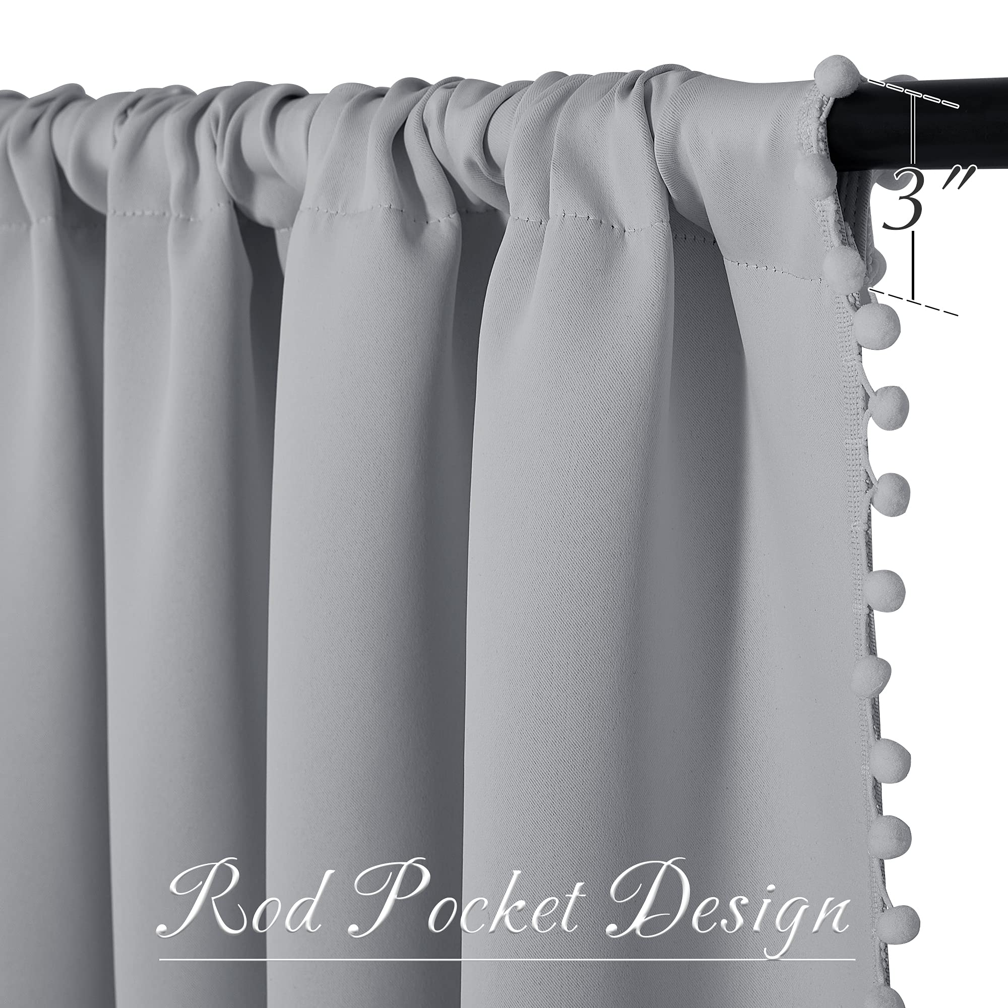 StangH 84 Inch Grey Pom Pom Curtains Room Darkening Chill Resistant Drapes for Bedroom Nursery Living Room Silver Grey 2 Panels - View 4 of 8