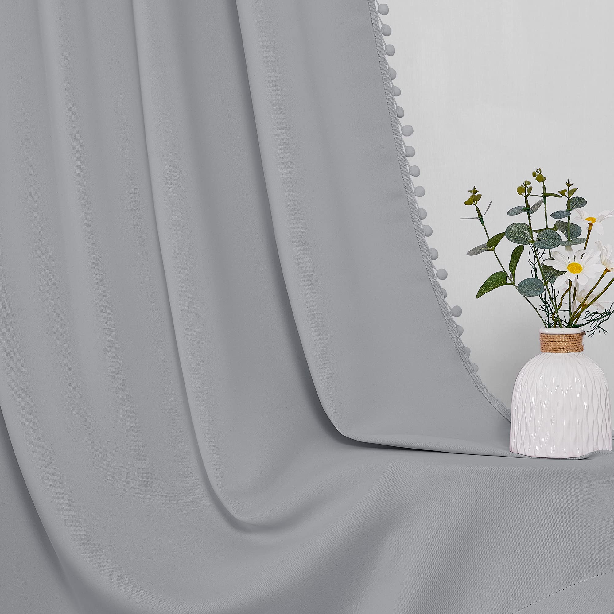StangH 84 Inch Grey Pom Pom Curtains Room Darkening Chill Resistant Drapes for Bedroom Nursery Living Room Silver Grey 2 Panels - View 8 of 8