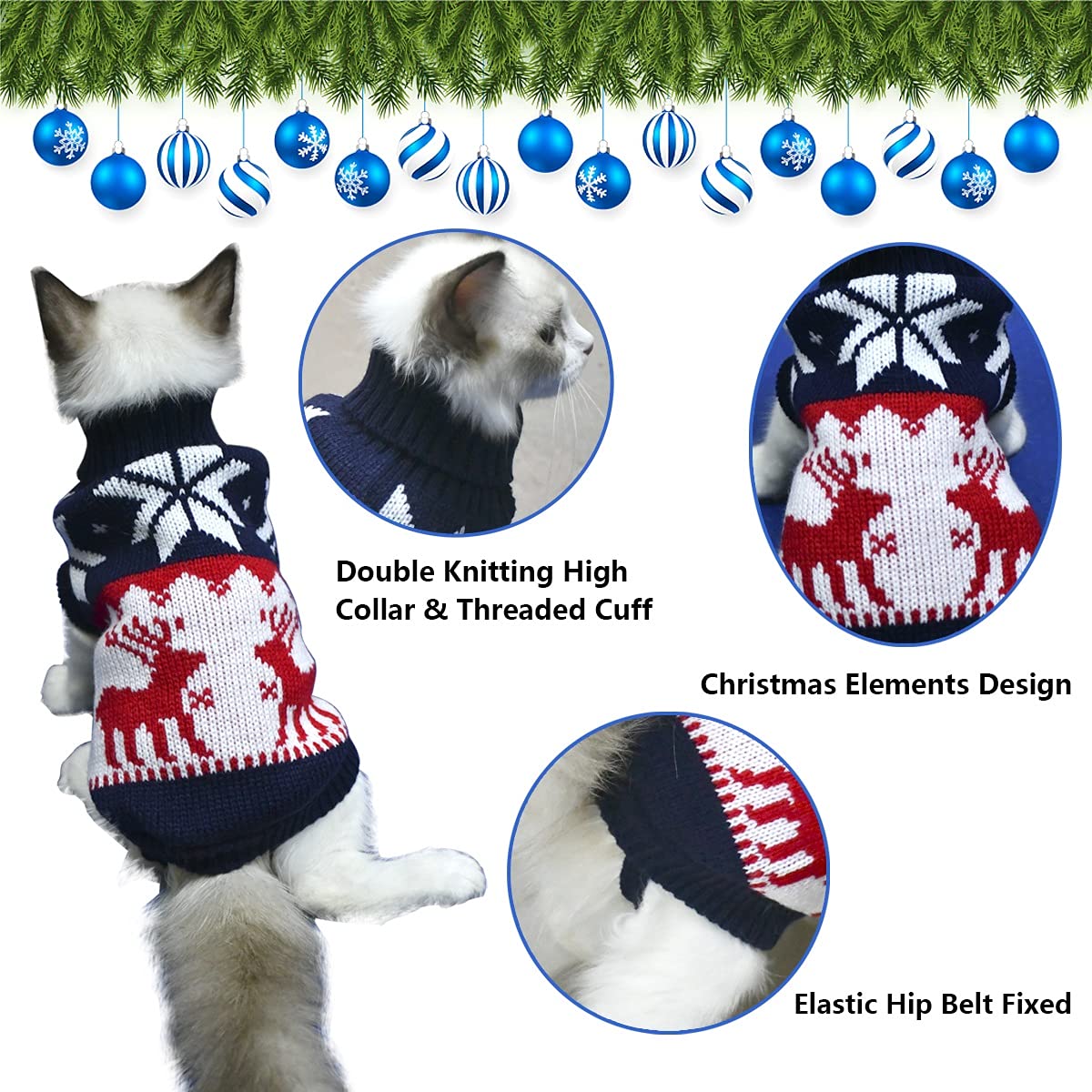 Vehomy Pet Puppy Christmas Sweater Navy Blue Knitwear for Small Dogs and Cats with Reindeers and Snowflakes Pattern Warm Winter Coat - View 2 of 5