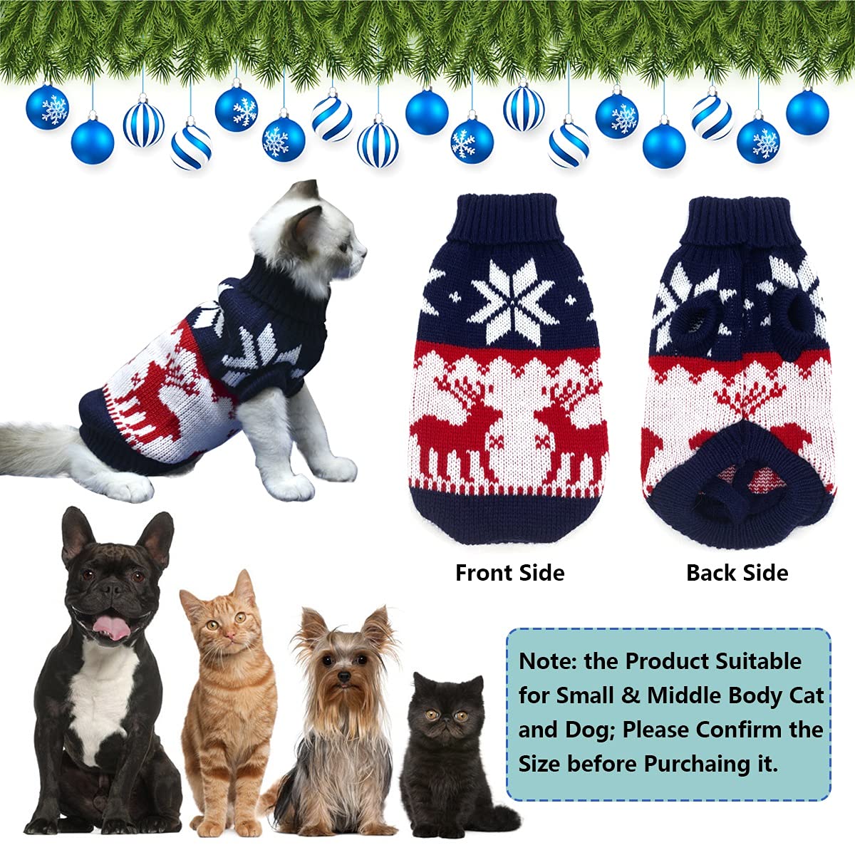 Vehomy Pet Puppy Christmas Sweater Navy Blue Knitwear for Small Dogs and Cats with Reindeers and Snowflakes Pattern Warm Winter Coat - View 3 of 5
