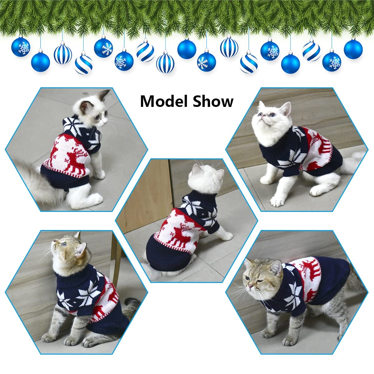 Vehomy Pet Puppy Christmas Sweater Navy Blue Knitwear for Small Dogs and Cats with Reindeers and Snowflakes Pattern Warm Winter Coat - View 4 of 5