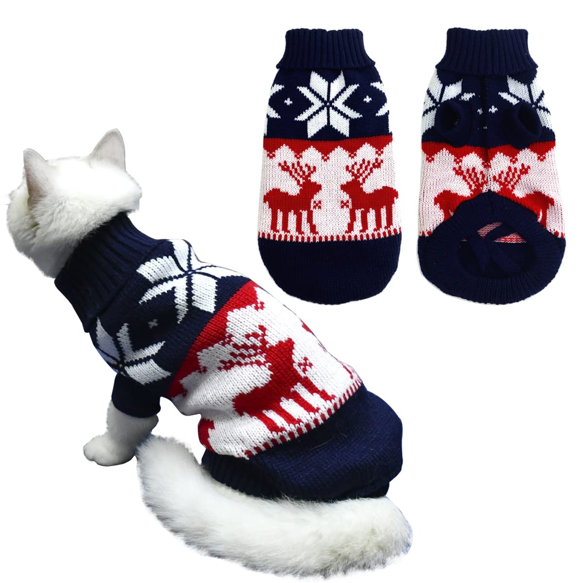 Vehomy Pet Puppy Christmas Sweater Navy Blue Knitwear for Small Dogs and Cats with Reindeers and Snowflakes Pattern Warm Winter Coat