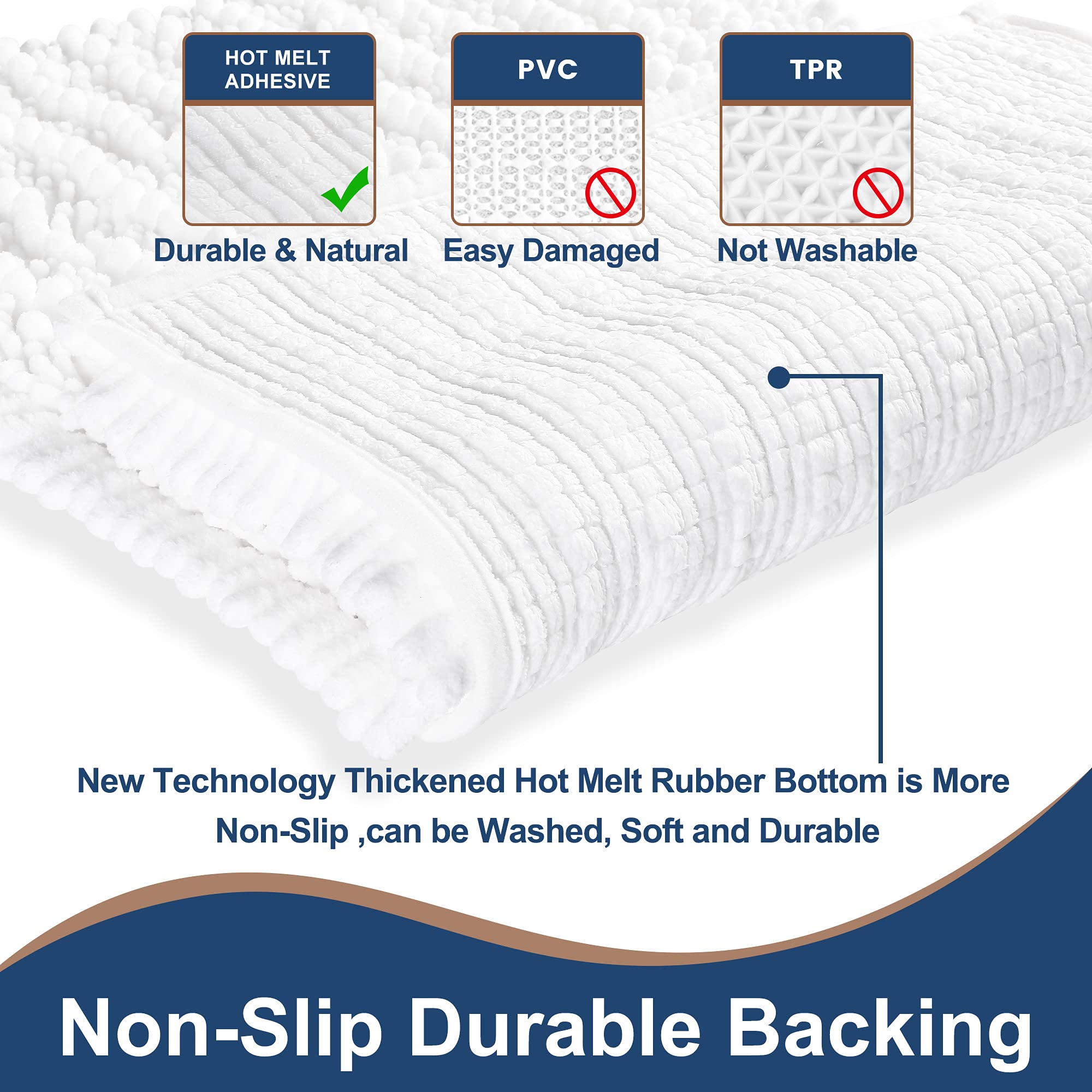 HVERONNEX Luxury Chenille White Bathroom Rugs Set of 2 Non Slip Quick Dry Machine Washable Bath Mats for Shower 47x17 and 17x24 Inches - View 2 of 6