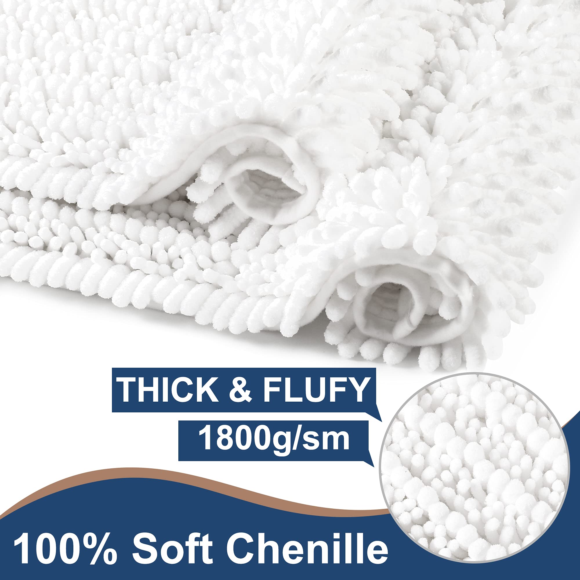 HVERONNEX Luxury Chenille White Bathroom Rugs Set of 2 Non Slip Quick Dry Machine Washable Bath Mats for Shower 47x17 and 17x24 Inches - View 3 of 6