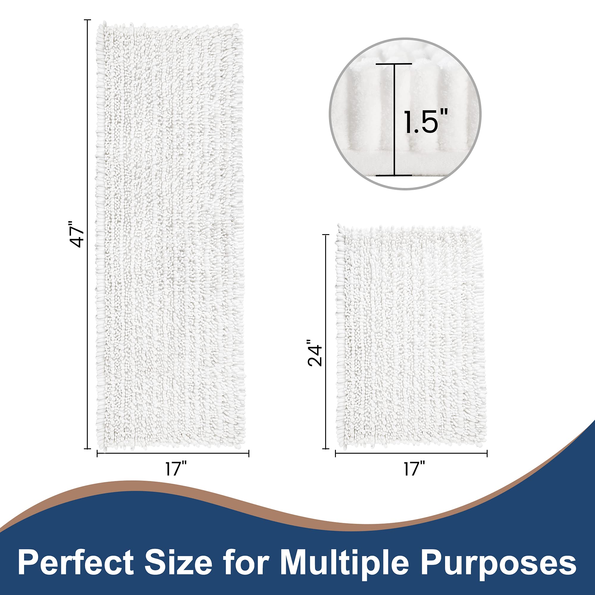 HVERONNEX Luxury Chenille White Bathroom Rugs Set of 2 Non Slip Quick Dry Machine Washable Bath Mats for Shower 47x17 and 17x24 Inches - View 6 of 6