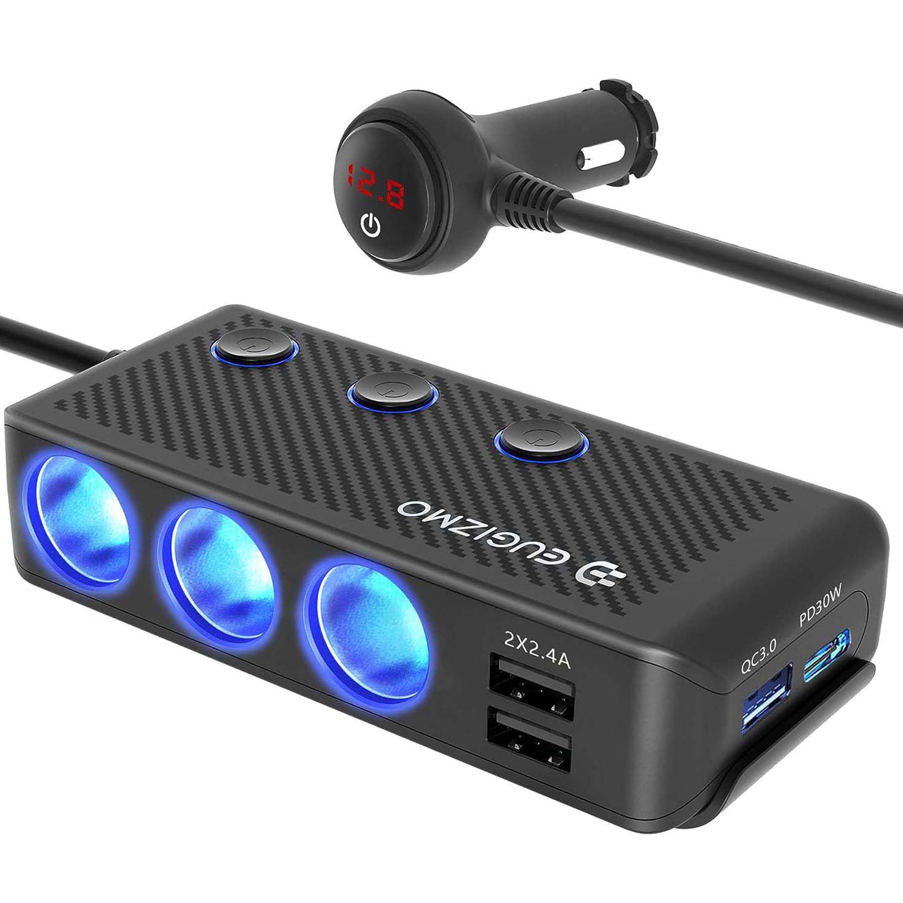 EUGIZMO 3 Socket 200W Car Cigarette Lighter Adapter USB Charger Extension Cord with LED Display and Independent Switches