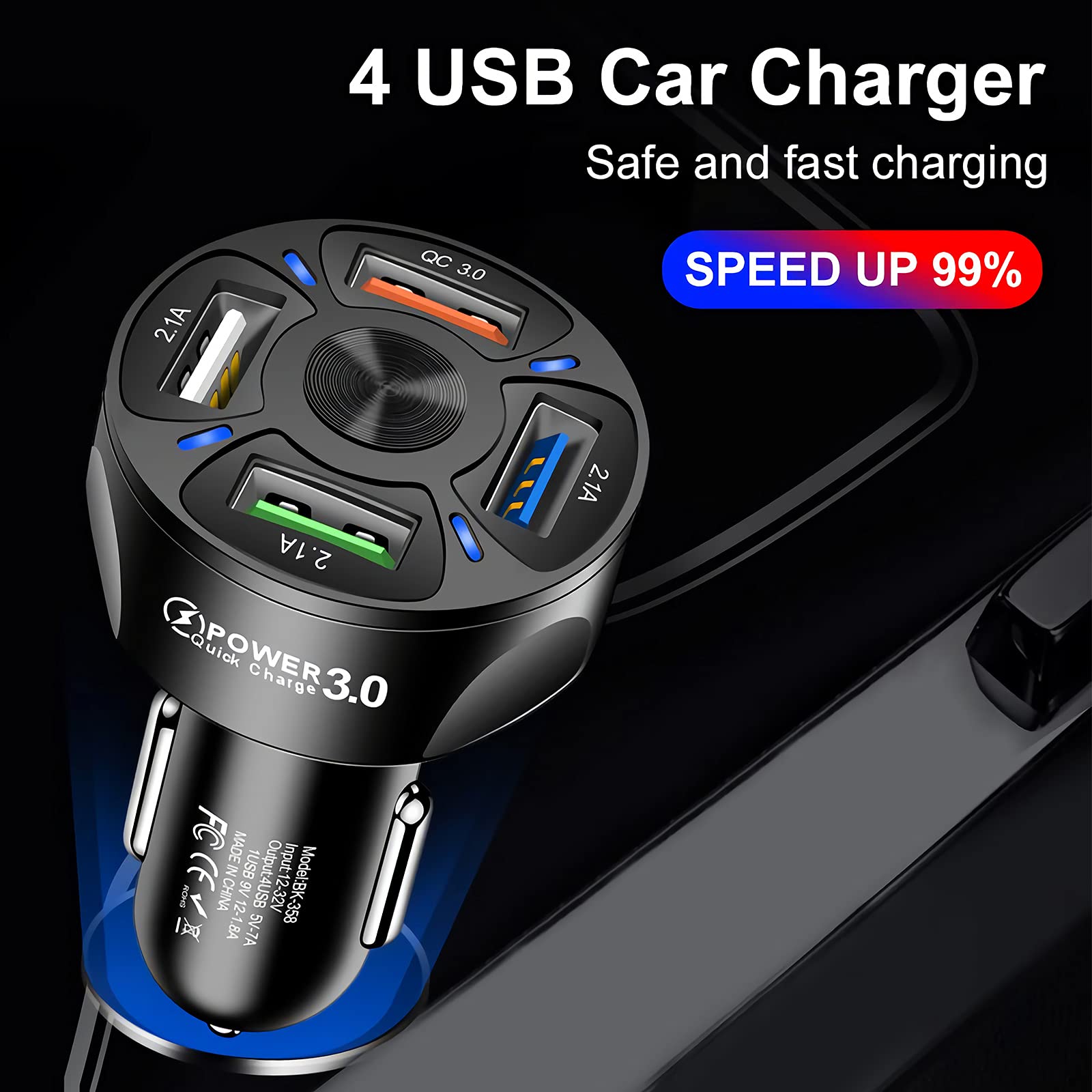 LYLBFOF Fast Charging USB Car Charger 35W 7A 4 Ports QC3.0 Adapter Compatible with iPhone 12 13 Pro Max 11 X 8 Mini Cigarette Lighter - View 3 of 6