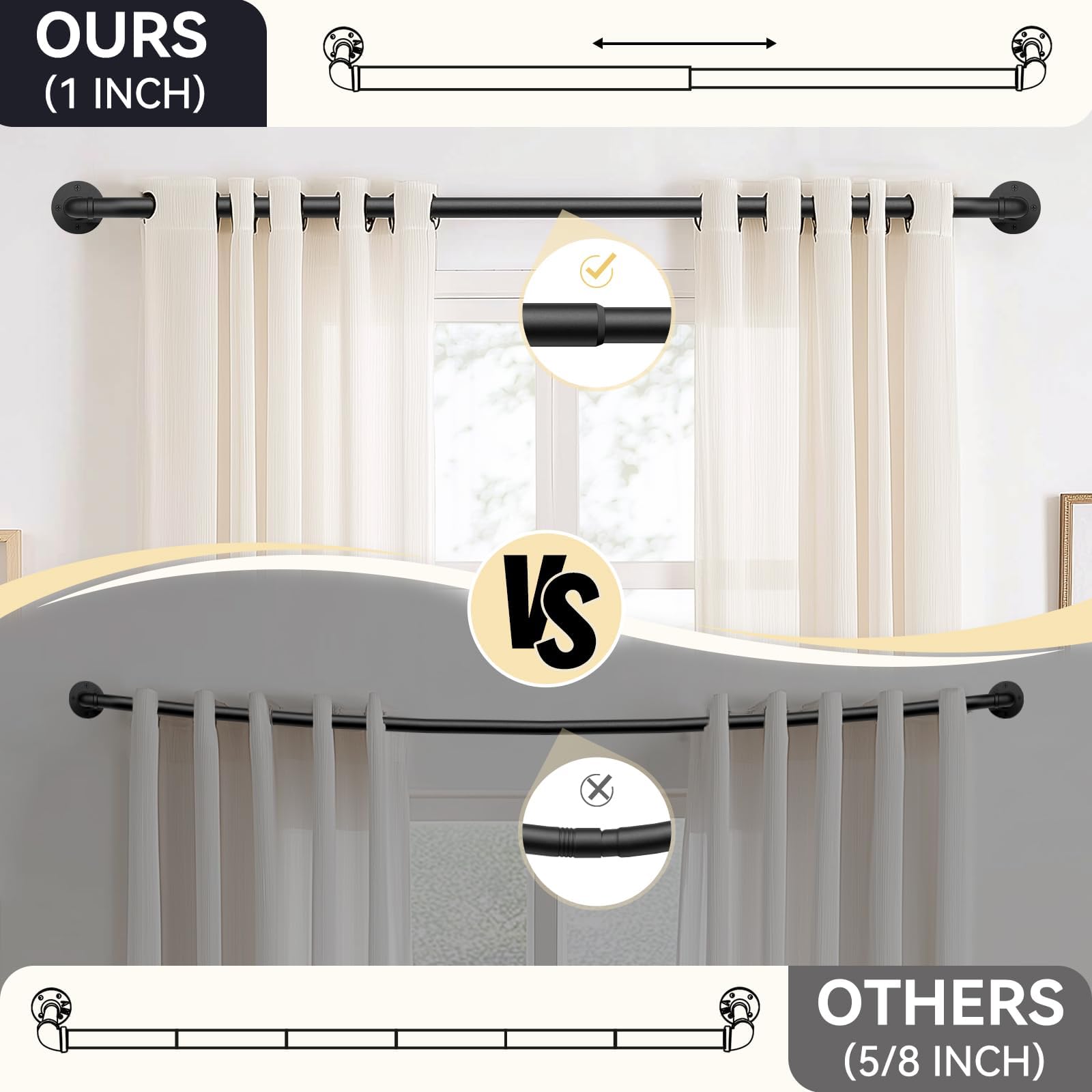 1 Inch Heavy Duty Blackout Curtain Rods Industrial Pipe Wrap Around Room Divider Wall Mount Ceiling Mount Black 144 to 168 Inch - View 6 of 8