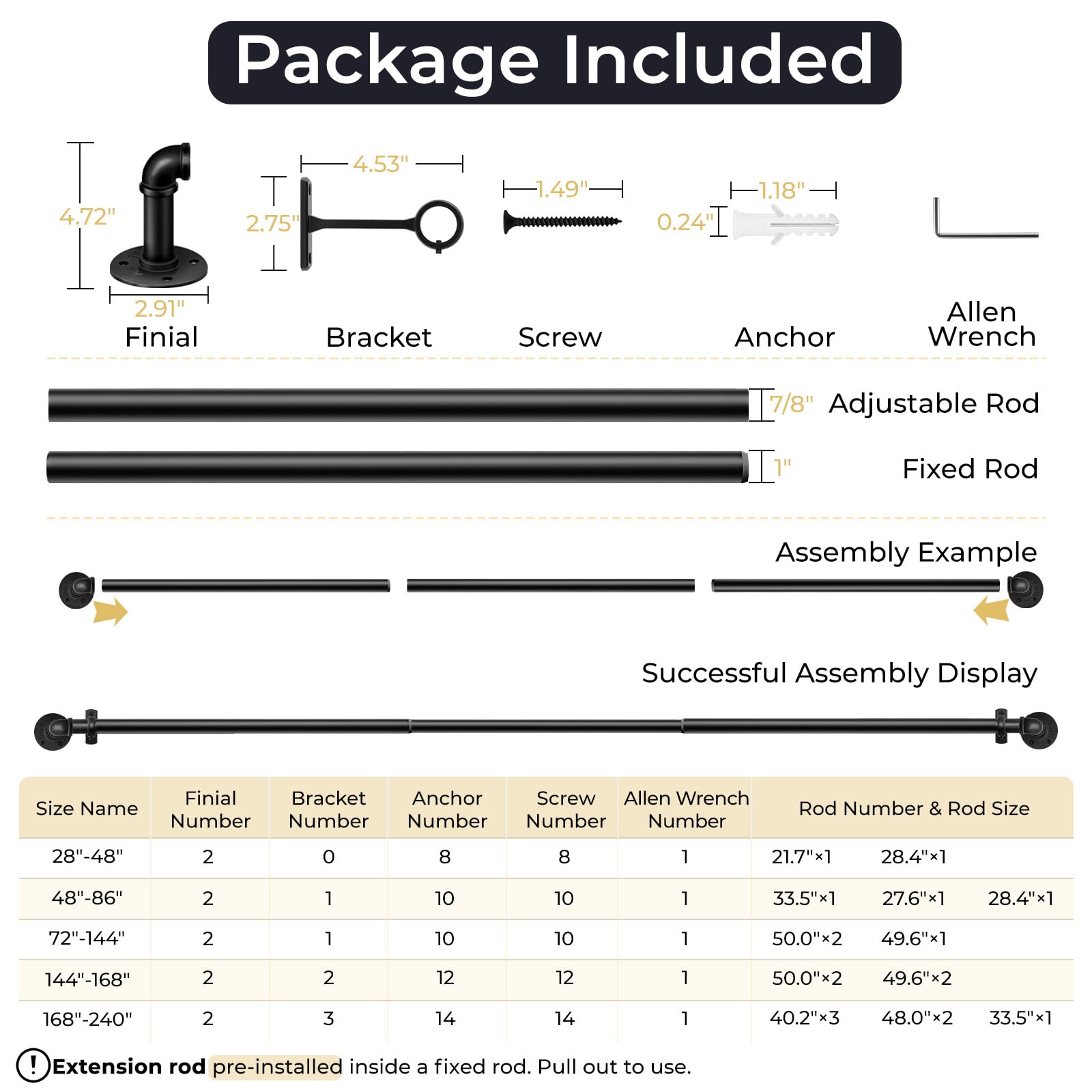 1 Inch Heavy Duty Blackout Curtain Rods Industrial Pipe Wrap Around Room Divider Wall Mount Ceiling Mount Black 144 to 168 Inch - View 8 of 8