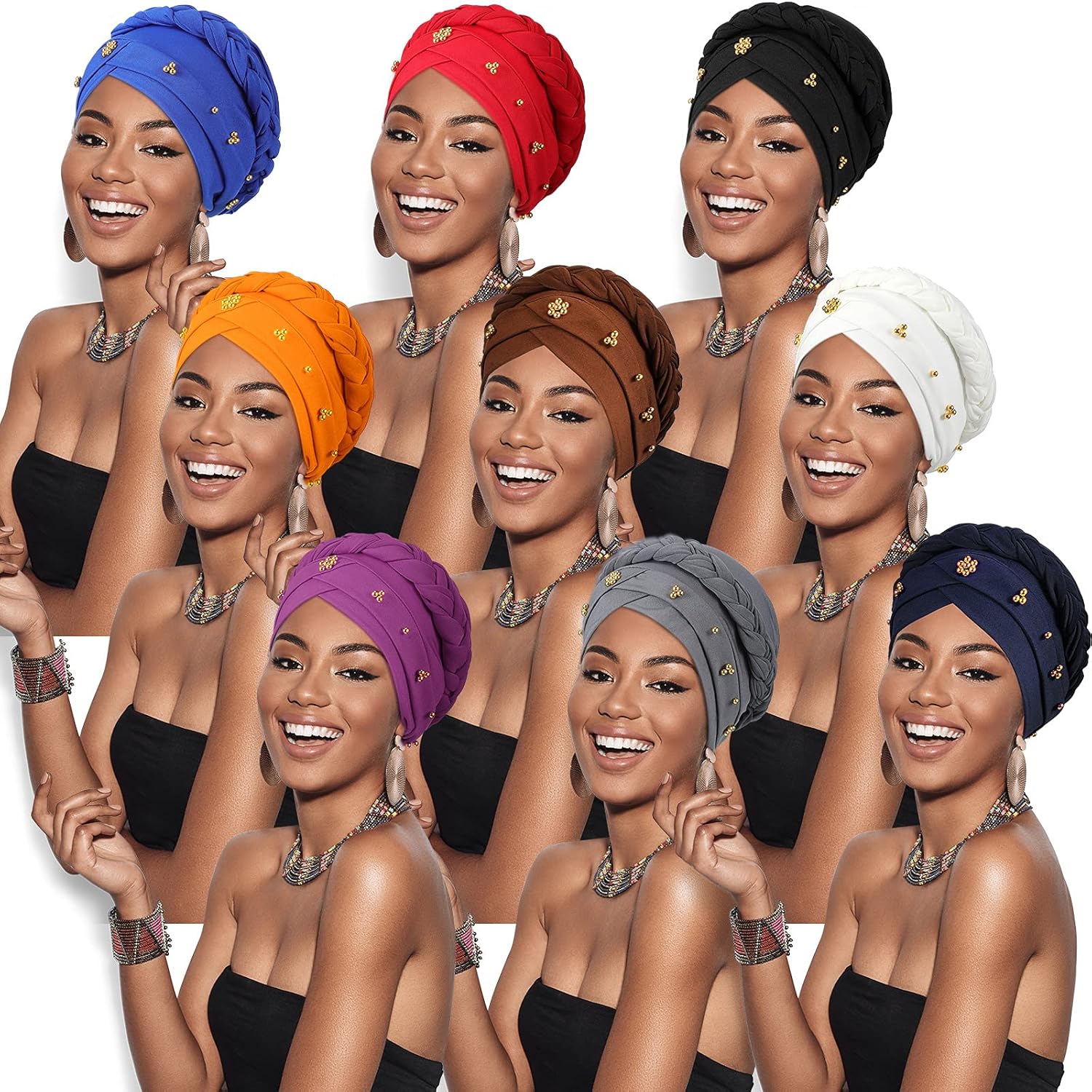 SATINIOR Satinior 9 Pcs Women Turban Braid Headscarf Pre Tied Twisted Hair Wrap Beanie Multicolor Cap Classic Headwear