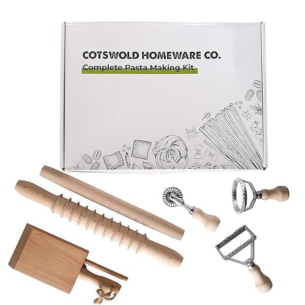 Cotswold Homeware Co Complete 6-Piece Pasta Making Tool Set: Ravioli Stamps, Rolling Pins & Gnocchi Board by Cotswold Homeware Co