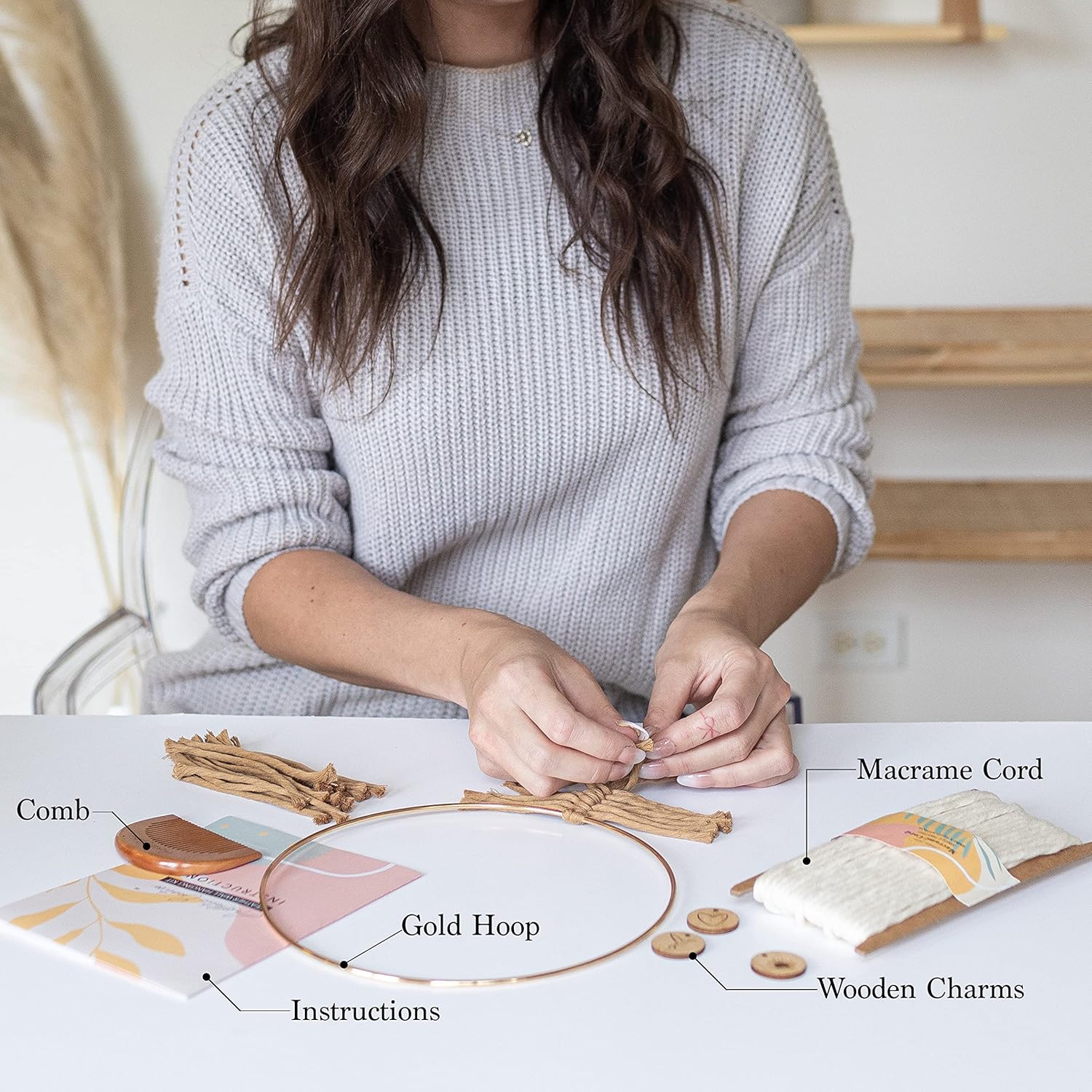 Aesthetic Creative DIY Macrame Kit Feather Dream Catcher Wall Hanging for Beginners Craft Supplies Boho Art Project with Cord Gold Hoop Accessories Instructions - View 2 of 9