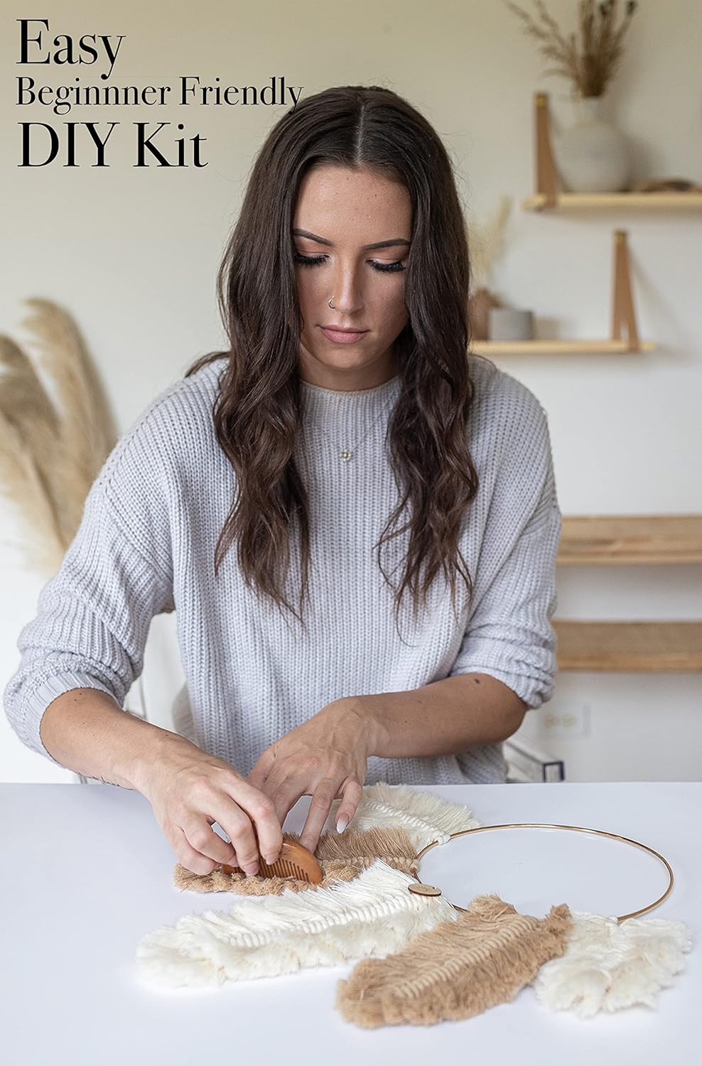 Aesthetic Creative DIY Macrame Kit Feather Dream Catcher Wall Hanging for Beginners Craft Supplies Boho Art Project with Cord Gold Hoop Accessories Instructions - View 3 of 9