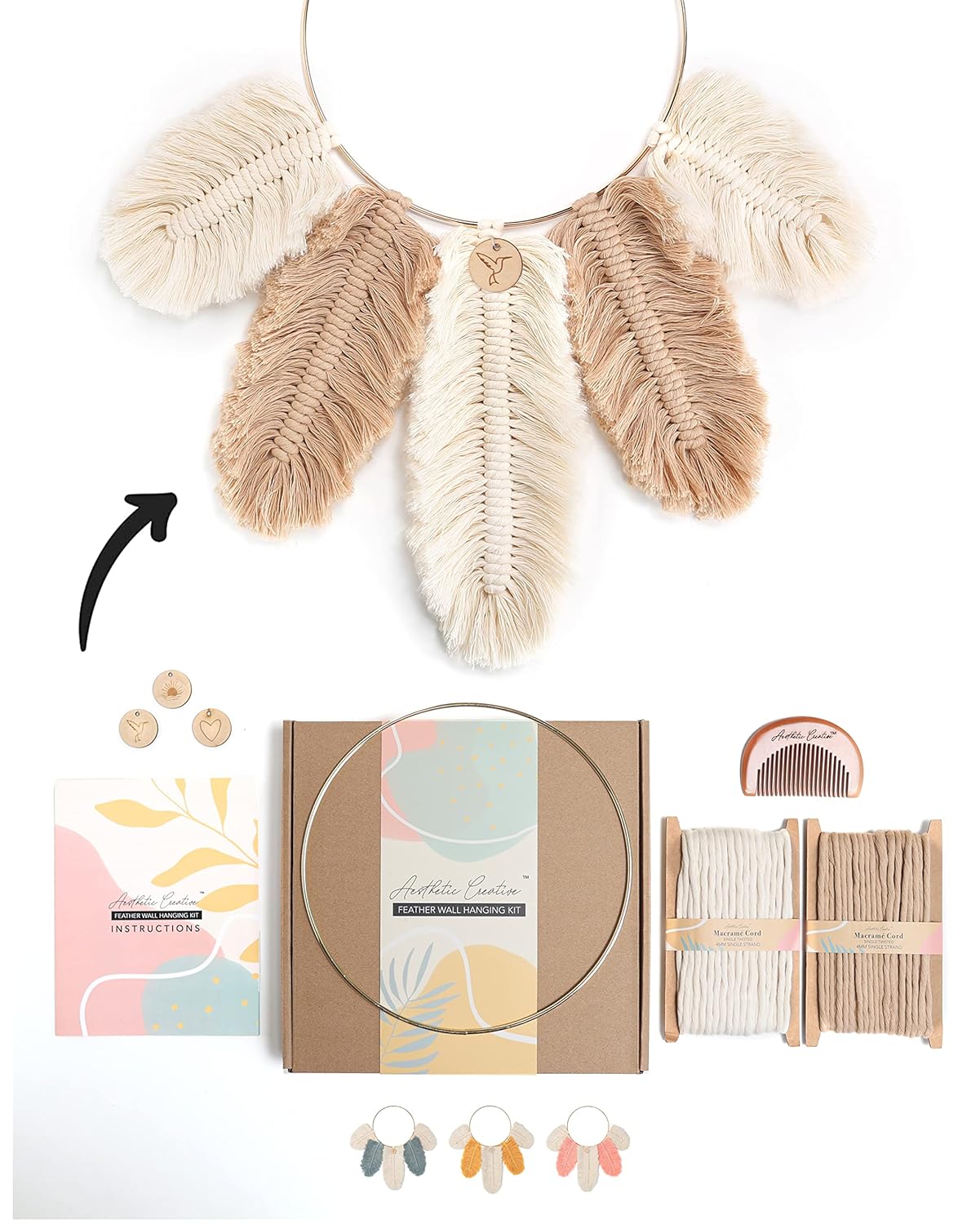 Aesthetic Creative DIY Macrame Kit Feather Dream Catcher Wall Hanging for Beginners Craft Supplies Boho Art Project with Cord Gold Hoop Accessories Instructions