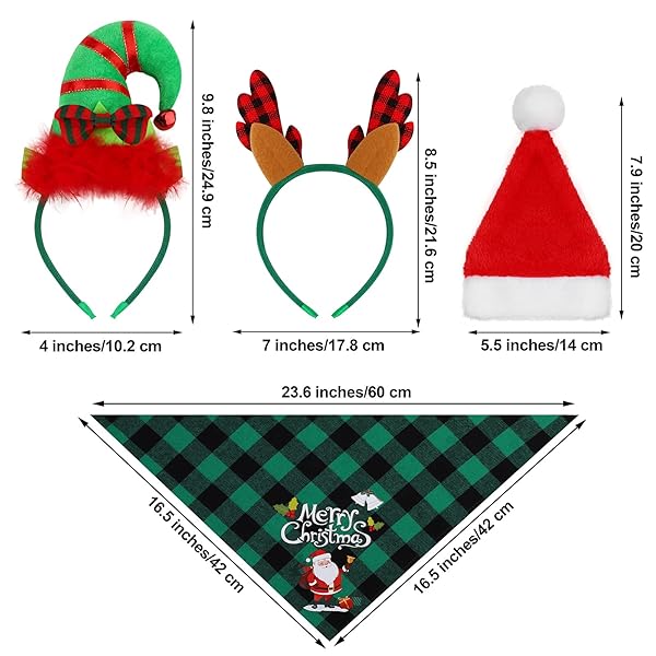 Pedgot Pedgot 6 Pack Christmas Pet Costume Accessories Buffalo Plaid Scarf Reindeer Antlers Headband Adjustable Santa Hat for Pets Decor - View 3 of 8