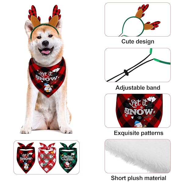 Pedgot Pedgot 6 Pack Christmas Pet Costume Accessories Buffalo Plaid Scarf Reindeer Antlers Headband Adjustable Santa Hat for Pets Decor - View 4 of 8