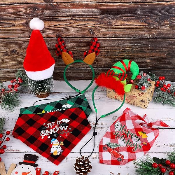 Pedgot Pedgot 6 Pack Christmas Pet Costume Accessories Buffalo Plaid Scarf Reindeer Antlers Headband Adjustable Santa Hat for Pets Decor - View 5 of 8