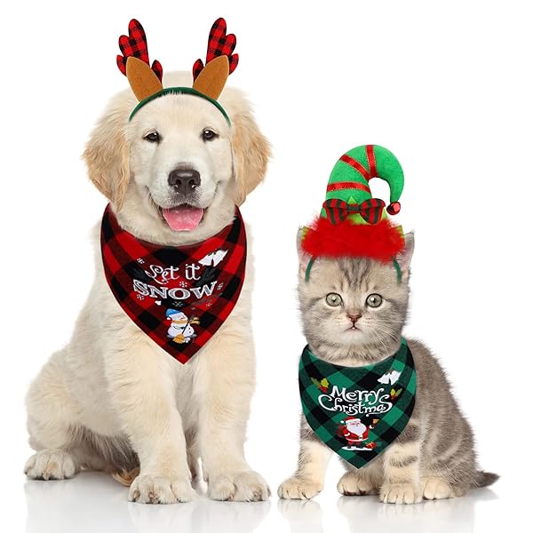 Pedgot Pedgot 6 Pack Christmas Pet Costume Accessories Buffalo Plaid Scarf Reindeer Antlers Headband Adjustable Santa Hat for Pets Decor - View 6 of 8