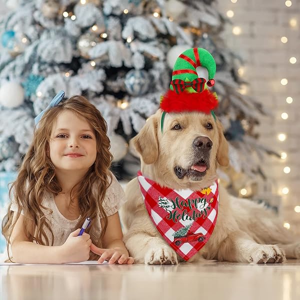 Pedgot Pedgot 6 Pack Christmas Pet Costume Accessories Buffalo Plaid Scarf Reindeer Antlers Headband Adjustable Santa Hat for Pets Decor - View 8 of 8