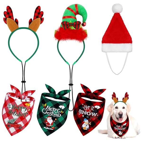 Pedgot Pedgot 6 Pack Christmas Pet Costume Accessories Buffalo Plaid Scarf Reindeer Antlers Headband Adjustable Santa Hat for Pets Decor