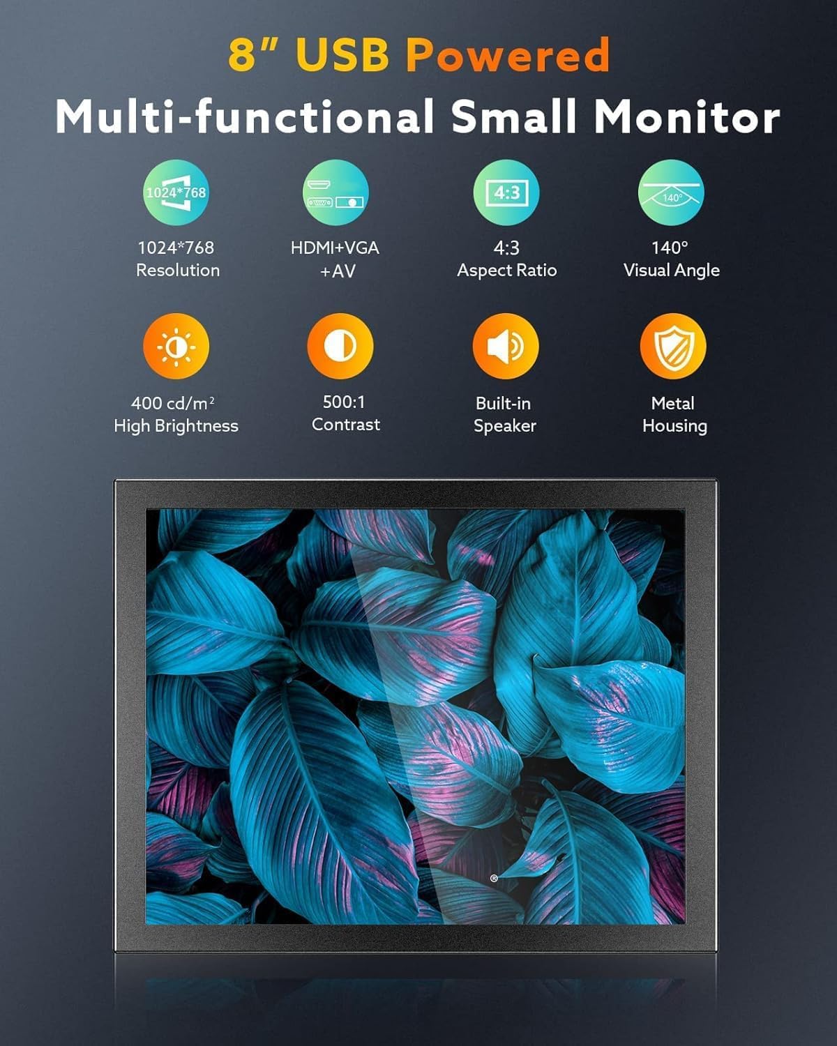 Eyoyo 8 Inch Mini Monitor 1024x768 Resolution Car Rear View TFT LCD Screen with HDMI VGA AV Input for PC DVD DVR CCD 140 Degree Wide View - View 2 of 9