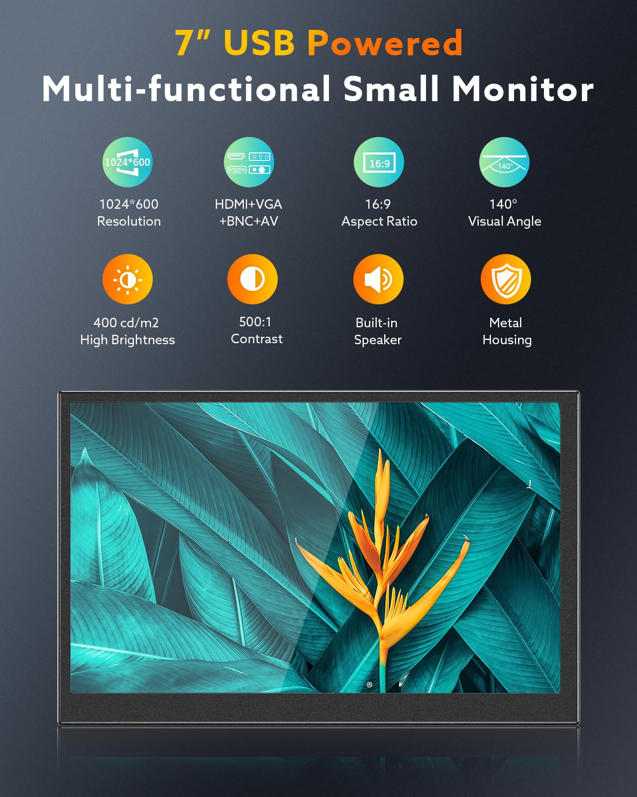 Eyoyo 7 Inch Mini Monitor 1024x600 Resolution Car Rear View TFT LCD Screen with HDMI VGA AV Input for PC DVD DVR CCD 140 Degree Wide View - View 2 of 9
