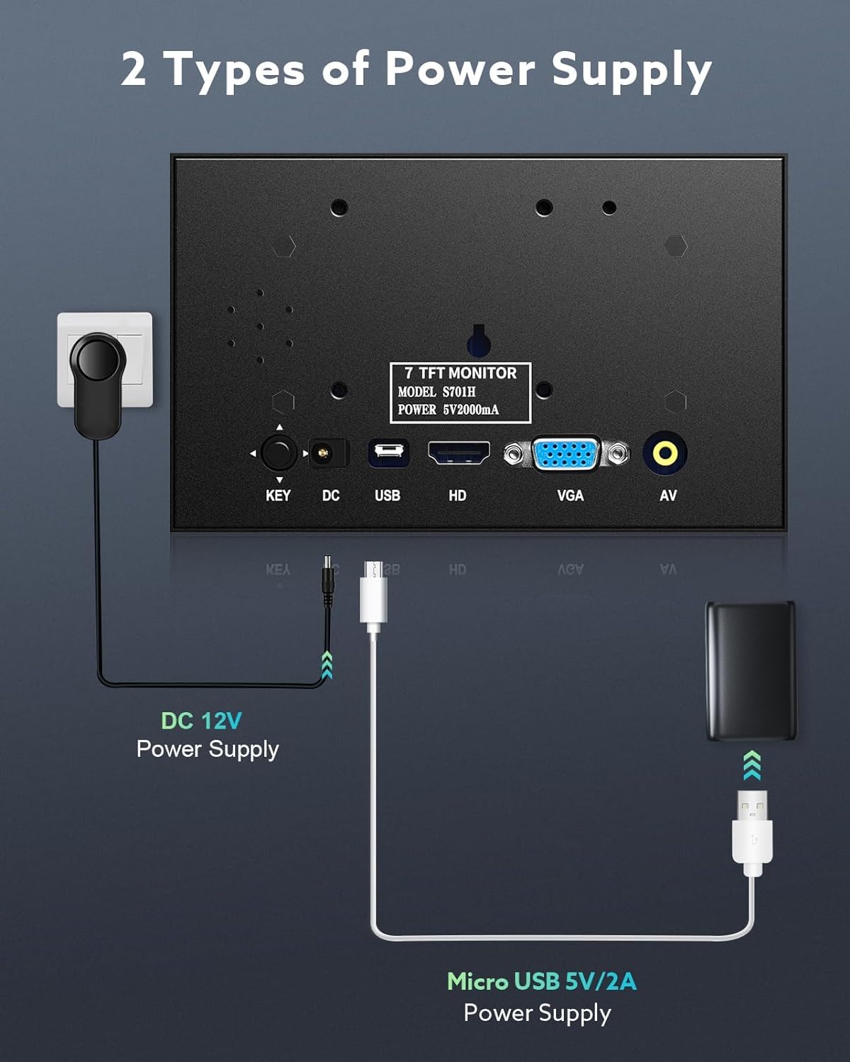 Eyoyo 7 Inch Mini Monitor 1024x600 Resolution Car Rear View TFT LCD Screen with HDMI VGA AV Input for PC DVD DVR CCD 140 Degree Wide View - View 6 of 9