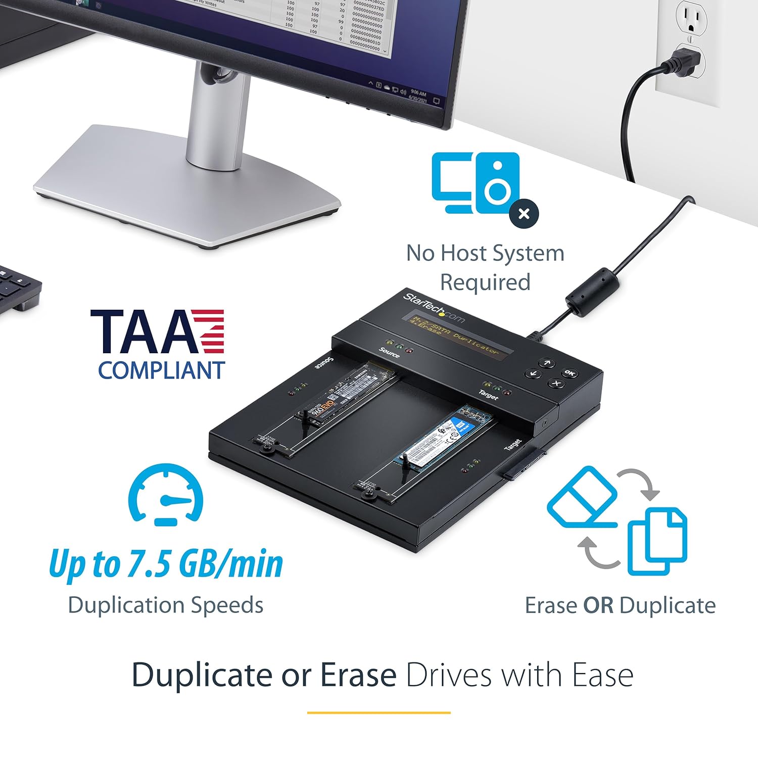 StarTech.com StarTech Standalone Dual Bay M.2 SATA NVMe Duplicator Eraser HDD SSD Cloner Wiper for M.2 PCIe AHCI NVMe Black - View 2 of 6