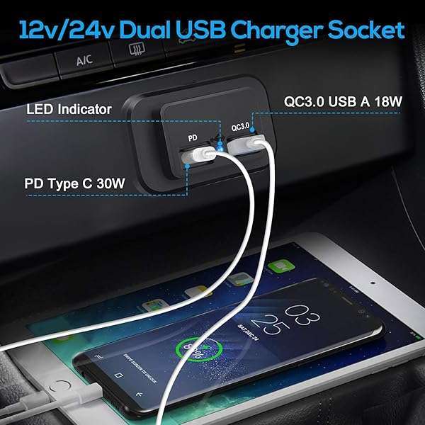 Linkstyle Linkstyle 12V USB Outlet: QC3.0 USB A & C Charging Socket for Car, Marine & Motorcycle - View 3 of 8
