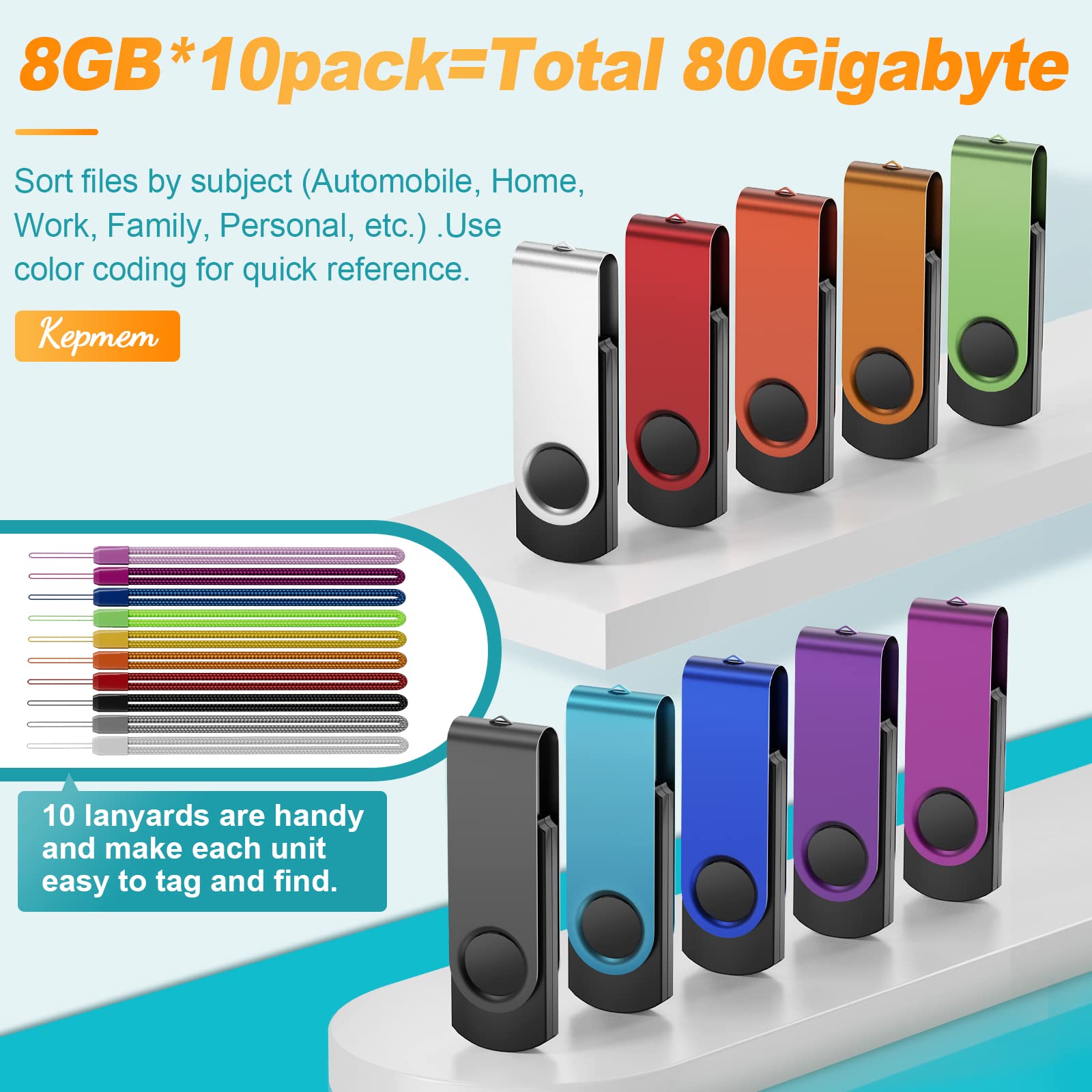 Kepmem Kepmem 16GB USB 3.0 Multipack 10pcs Thumb Drives Metal Swivel Zip Pendrives with Ropes for Fast Data Storage and Transfer - View 8 of 8