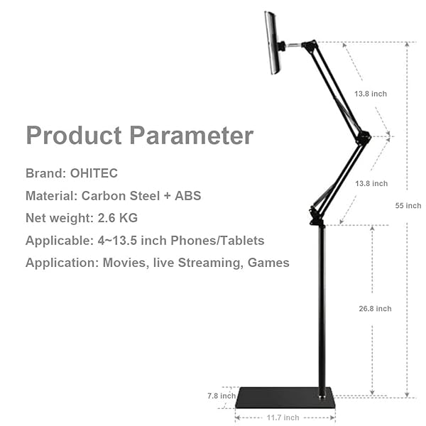 OHITEC OHITEC Adjustable Phone Tablet Floor Stand Heavy Duty Steel 360 Degree Rotation Holder Gooseneck Clamp Flexible Long Arm Black 4.6 Feet - View 3 of 7
